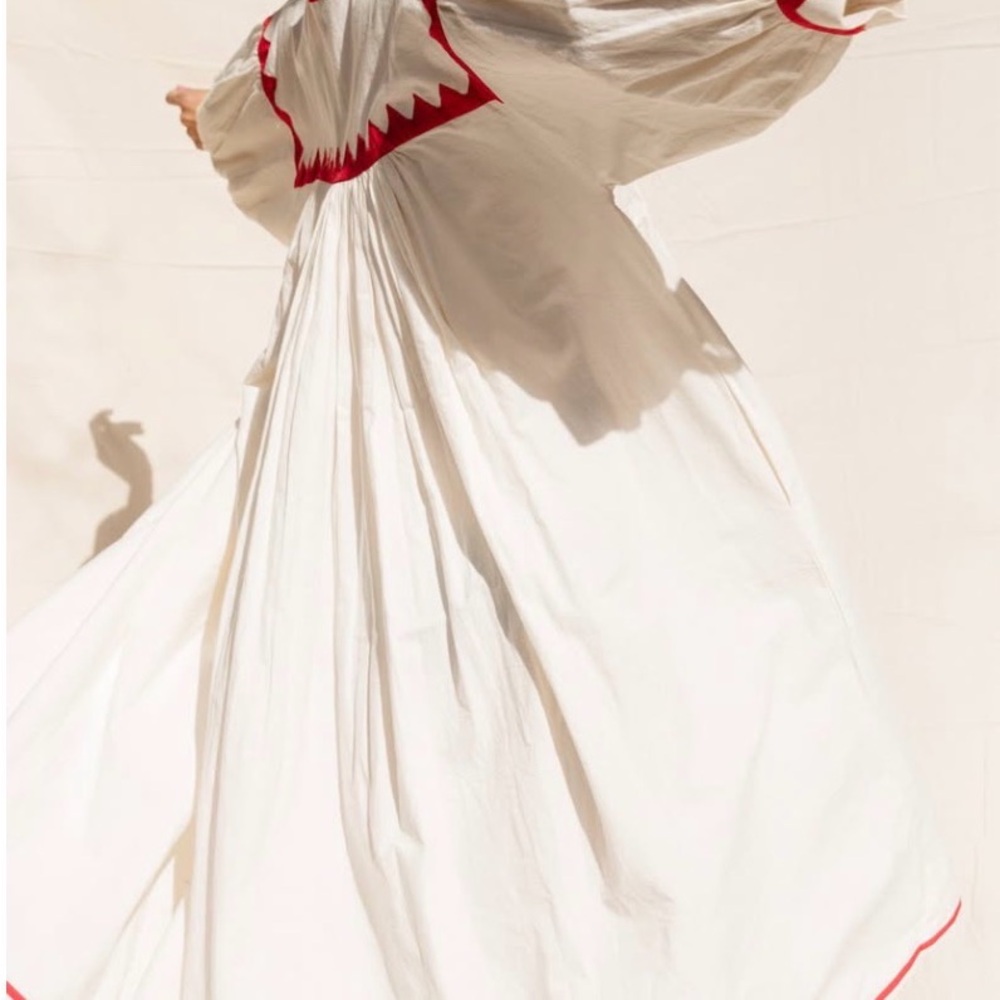 White Cotton Midi Dress with Red Zigzag Trim - Women - Picture 3 of 11